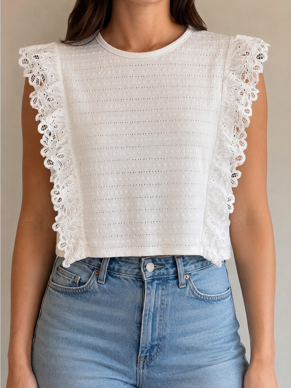 SO White Eyelet Floral Lace Ruffle Cropped Top Size Medium